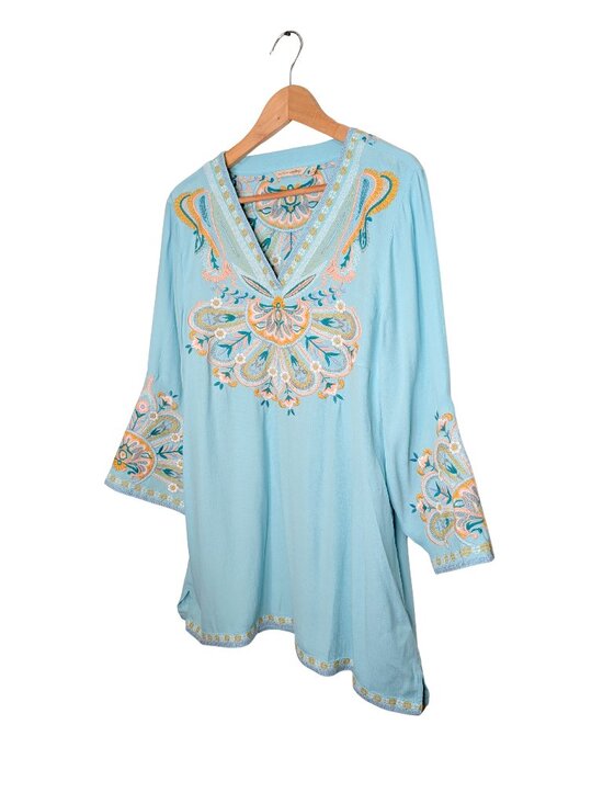 Soft Surroundings Womens XL Tunic Top Blue Floral Embroidered Blouse - Picture 4 of 7